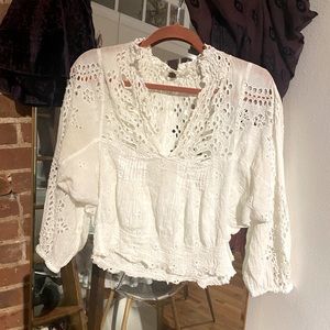 Free People White Cotton Top with Lacey Cutouts